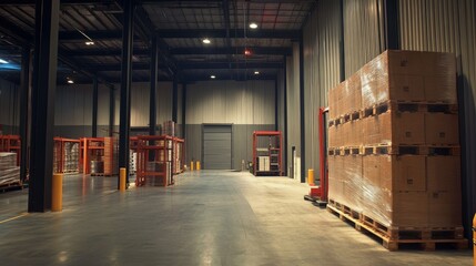 Spacious and Well-Organized Warehouse Interior with Stacks of Pallets, Industrial Shelving, and Efficient Lighting for Logistics and Storage Solutions
