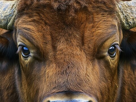  Young American highland cow with big eyes looking right into camera. 