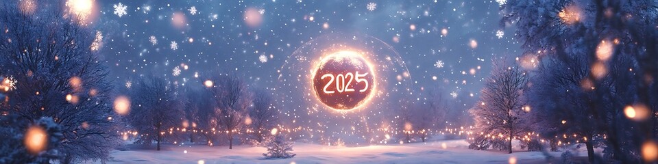 An,ethereal,orb,glowing,with,2025,sky,encircled,cosmic,falling,snowflakes,serene,winter,scene,