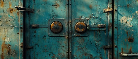 A weathered blue metal door with rust and peeling paint, suggesting age and neglect.
