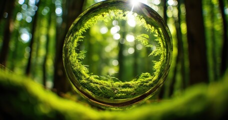 close up of moss in the forest, seen through circular lens