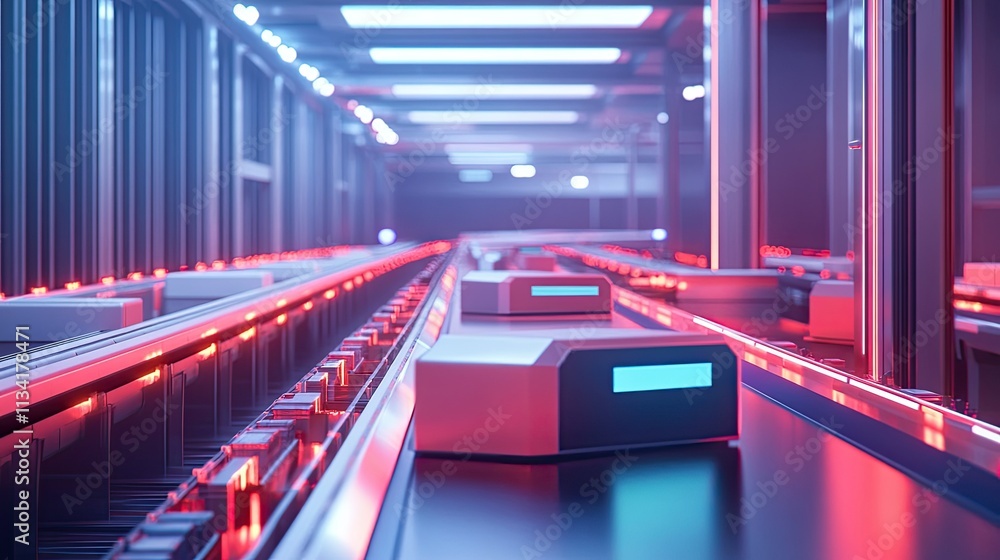 Poster high-tech automated warehouse with futuristic conveyor system and neon lighting, showcasing efficien