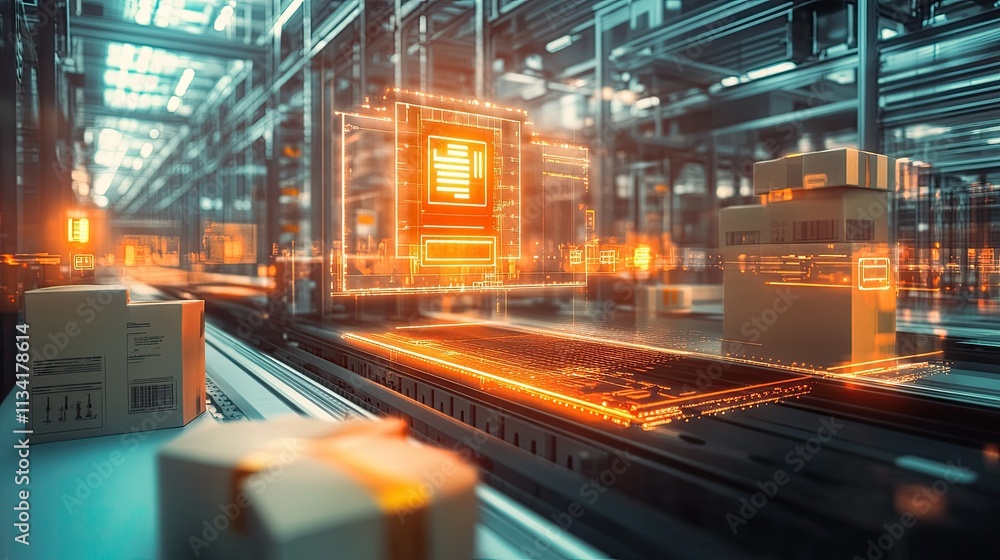 Poster futuristic warehouse with automated systems and digital displays enhancing supply chain management i