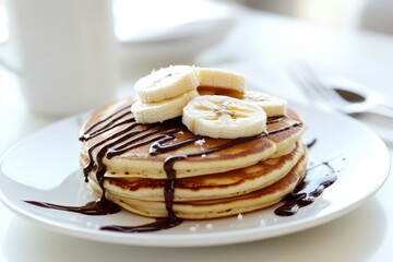 Delicious Pancakes with Chocolate Drizzle and Banana Slices