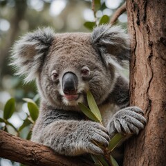 Fototapeta premium A sleepy koala holding onto a branch on a neutral background.