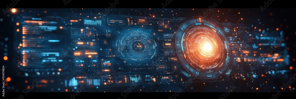 Poster a futuristic digital interface with glowing elements and a central energy core.