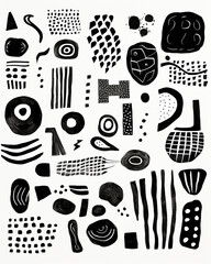 Black and white drawing of objects, geometric shapes in pencil and ink, minimalist pop art style, graffiti, bold black and white, pensive stillness, quantum punk, art design.