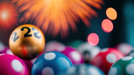 A golden bingo ball rolling into the final spot, fireworks going off in the background as the winning number is revealed