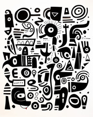 Black and white drawing of objects, geometric shapes in pencil and ink, minimalist pop art style, graffiti, bold black and white, pensive stillness, quantum punk, art design.