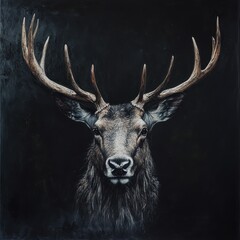 Naklejka premium Majestic stag portrait in dark forest wildlife photography close-up view dramatic lighting nature's beauty