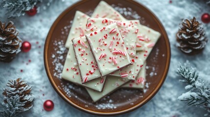 Naklejka premium A plate of white chocolate bark topped with crushed peppermint, surrounded by festive decor.