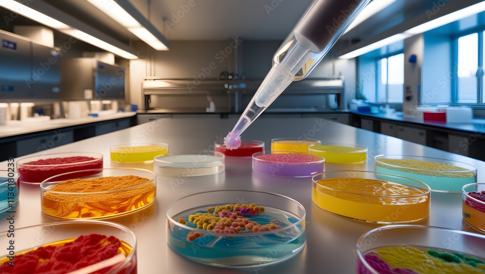 Poster laboratory research: a close-up of a laboratory experiment with a pipette dropping liquid onto a pet