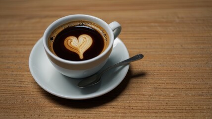 A cup of coffee featuring a heart-shaped foam art sits on a saucer against a wooden background, exuding warmth and comfort perfect for cozy moments.