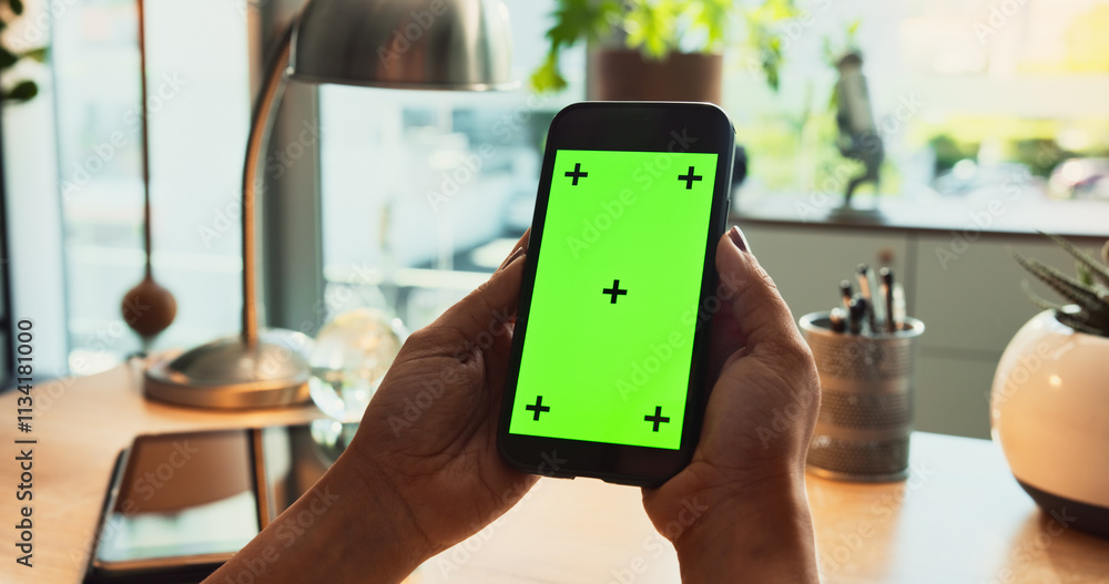 Poster phone, green screen and hands of person in home with tracking marker, ux design and web search. smar