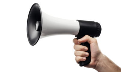 Hand holds black megaphone bullhorn announcement shout it out promotion isolated on white