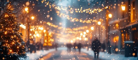 Fototapeta premium Snowy Christmas street scene at night with blurred lights and people.