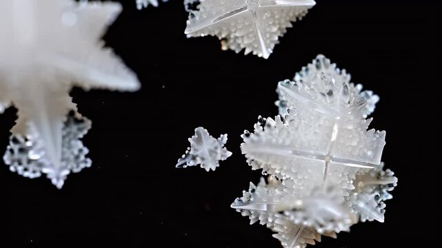 Microscopic view of crystallizing salt particles on a black surface, forming jagged, fractal-like shapes in real-time.