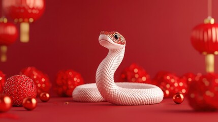 Obraz premium A white snake coils amidst red decorations, including lanterns and ornaments, creating a vibrant, festive atmosphere.