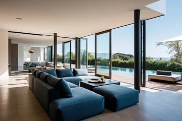 Fototapeta premium Elegant Visual Design of a Modern Relaxation Zone Featuring Spacious Openings and a Sectional Sofa