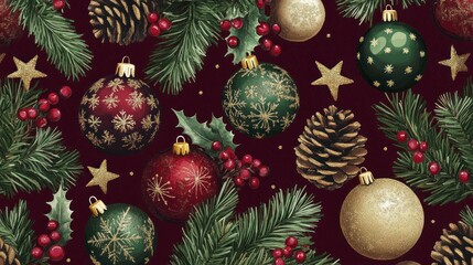 Fototapeta premium Christmas ornament pattern with pine cones, holly berries, fir branches, and stars on a maroon background.
