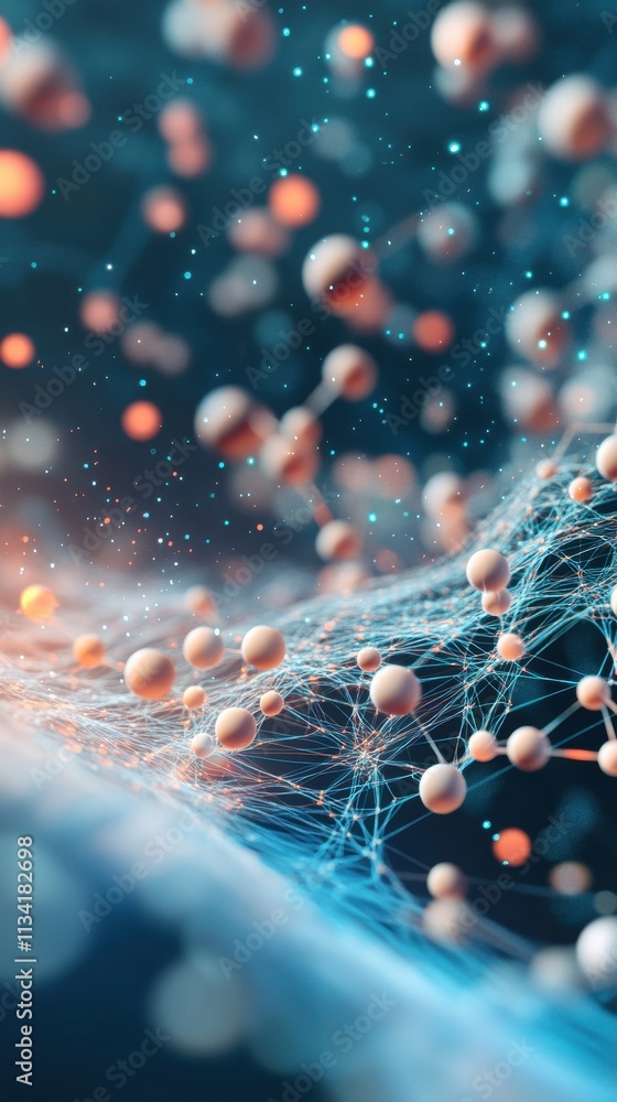 Poster abstract visualization of molecular structures and particles suspended in space, showcasing intricat