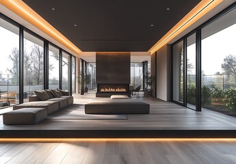 Naklejka premium Modern Living Room Design With Fireplace And Large Windows