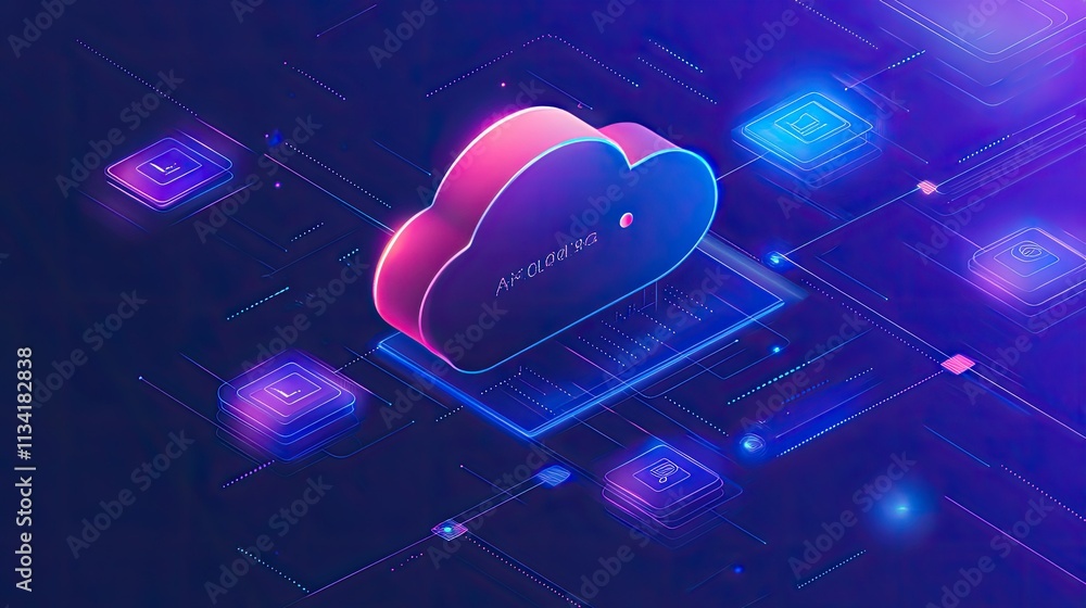 Poster futuristic cloud computing concept with abstract design and colorful neon effects in a high-tech env
