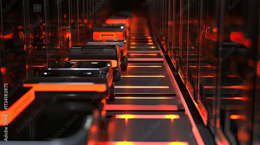 Poster futuristic automated warehouse with transport vehicles and led lighting creating an efficient logist