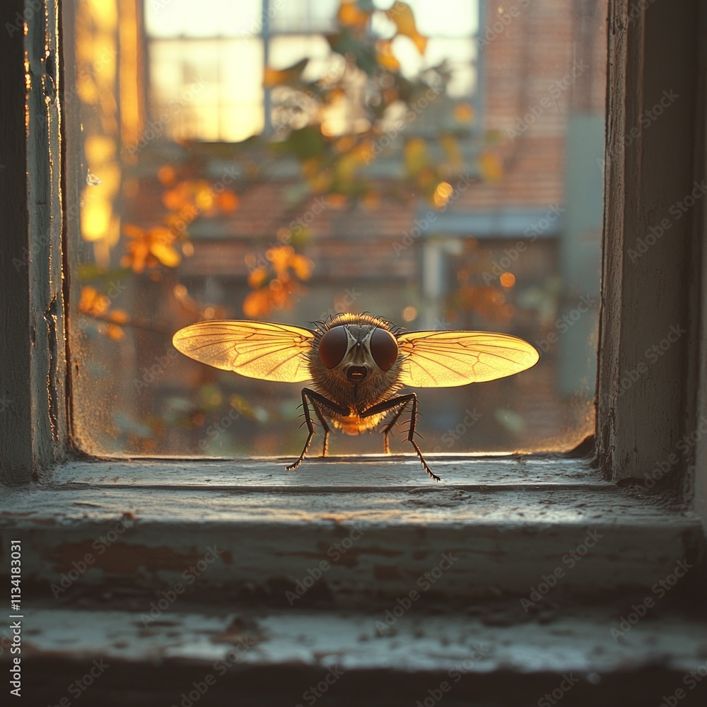 Poster a close-up of a large insect resting on a window, illuminated by warm sunlight.