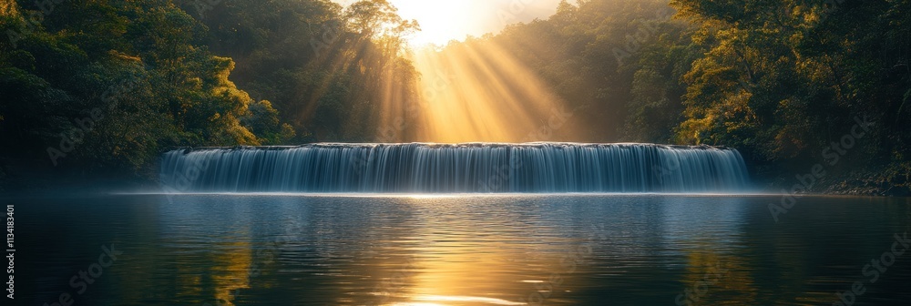 Poster sunbeams illuminate a serene waterfall cascading into a tranquil pool, surrounded by lush greenery.