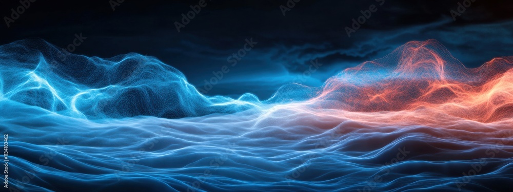 Poster abstract waves of blue and red light creating an ethereal ocean scene in a futuristic style with swi