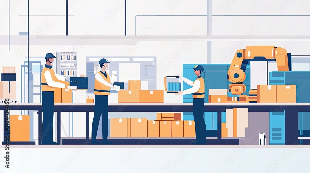Poster modern warehouse operations with automated robot assisting workers, packaging and managing inventory