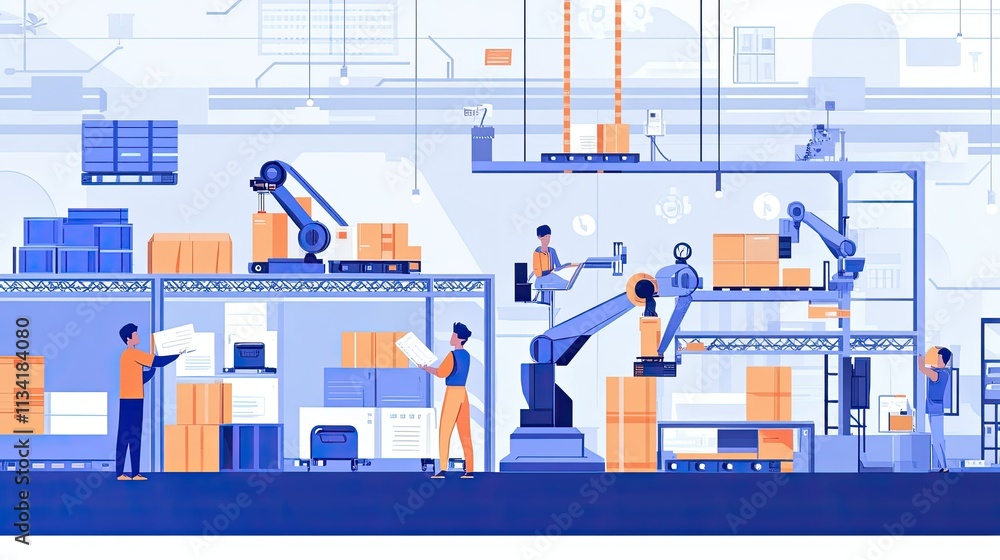 Poster modern warehouse with automated robots and workers handling goods, illustrating efficient logistics 