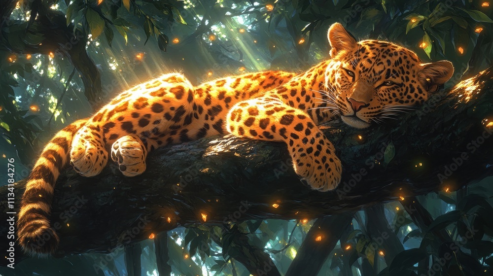 Poster a resting leopard lies on a branch surrounded by lush foliage and soft light.