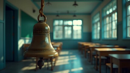 Obraz premium Close-up of classic school bell hanging in classroom.
