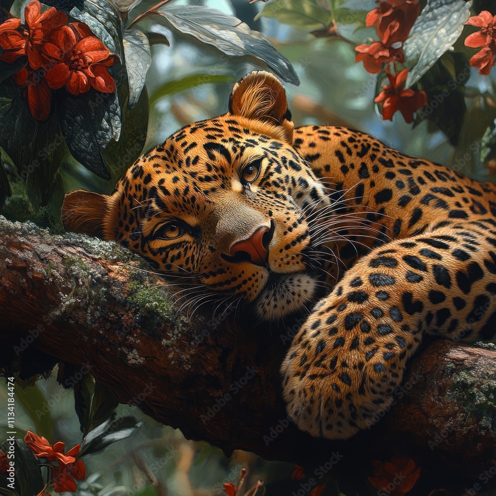 Poster a close-up of a leopard resting on a branch surrounded by vibrant flowers.