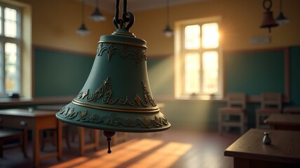 Close-up of classic school bell hanging in classroom.