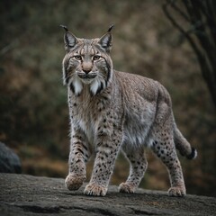 Fototapeta premium A sleek lynx walking gracefully on a neutral surface.