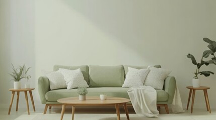 Modern living room with green sofa, wood table, plants and light.