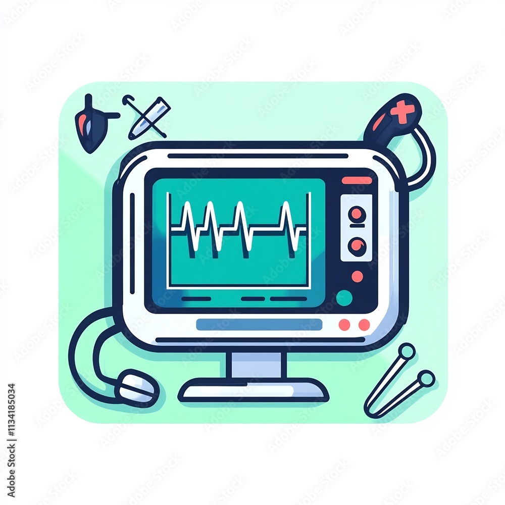 Poster vital signs monitoring dashboard with surgical instruments in a clinical setting