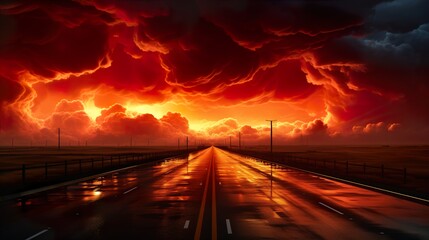 Obraz premium Red sky landscape with intense thunderstorms in an exquisite 4k wallpaper. 