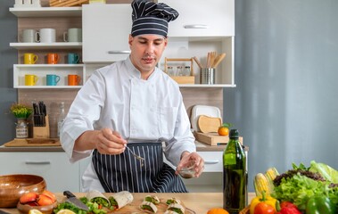 chef make tortilla wrap vegetable salad slice by knife on cutting board and mix sour salad dressing...