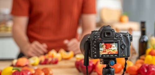 videographer record video clip back screen video recording by camera and smartphone to online social internet live. Vlogger watching recording clip streaming online a man preparation food salad.