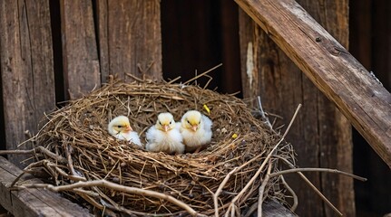 Obraz premium Nestled in the beams, three fluffy chicks await their mother’s return in a rustic wooden sanctuary