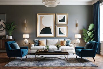 Stylish 3D Illustration of a Modern Living Room with Elegant Frame Decor