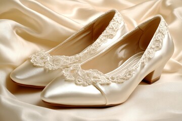 Obraz premium Elegant White Satin Wedding Shoes with Lace Detail