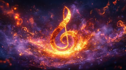 Fiery treble clef in cosmic nebula.