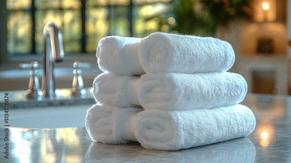 Poster a neatly stacked arrangement of white towels on a countertop in a bright setting.