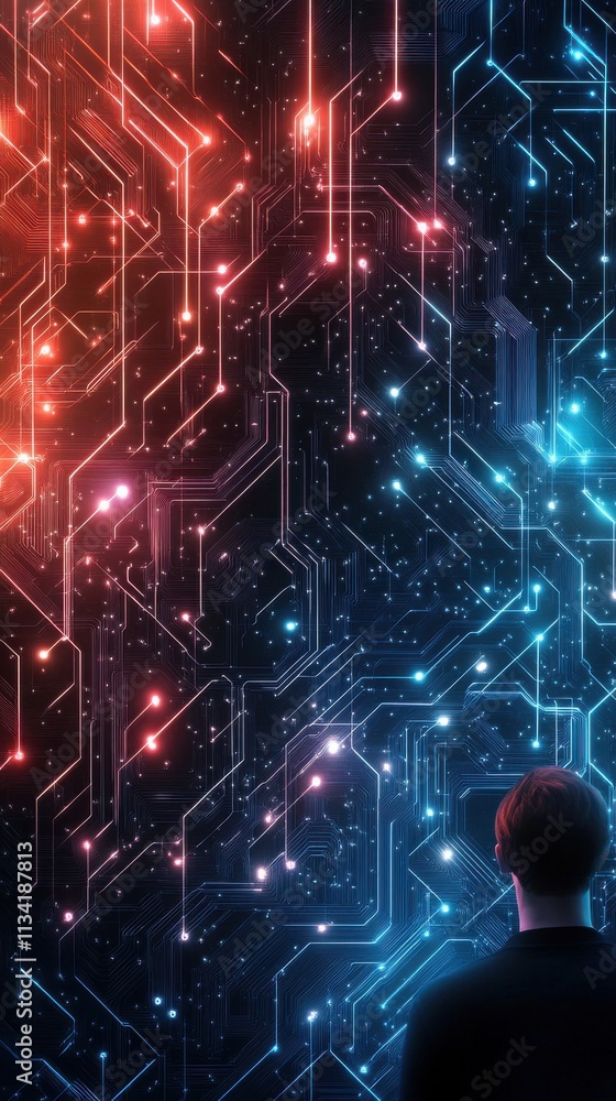 Aufkleber futuristic digital landscape with glowing circuit patterns and a silhouette of a person gazing at co