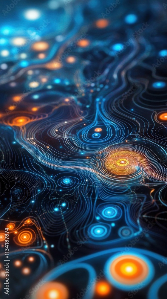 Poster stunning abstract digital artwork featuring vibrant colorful lines and dots against dark background 